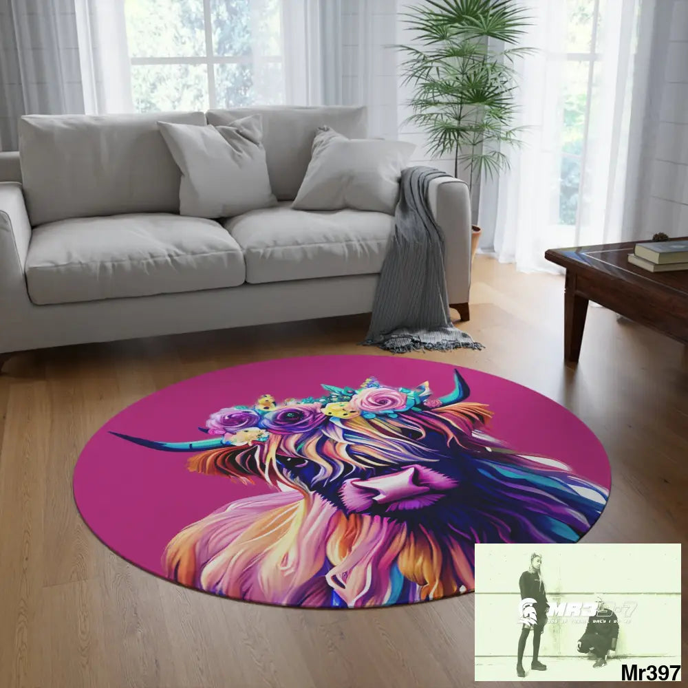 Baby Highland Cow Round Rug 60’’ × 60’’ Home Decor