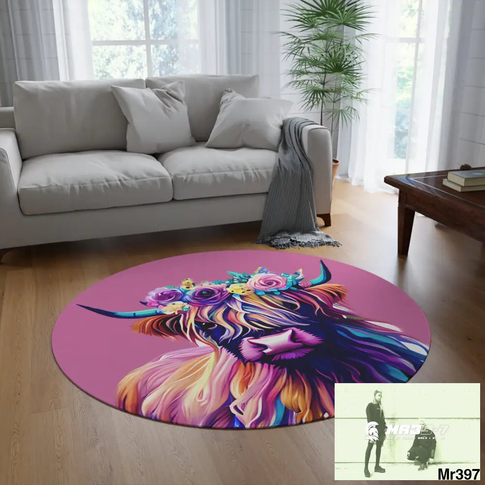 Baby Highland Cow Round Rug 60’’ × 60’’ Home Decor