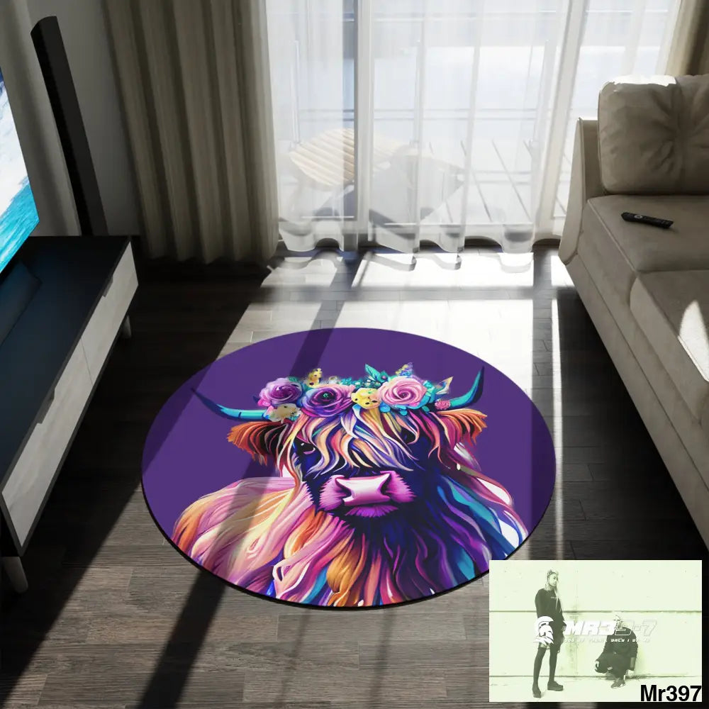 Baby Highland Cow Round Rug 60’’ × 60’’ Home Decor