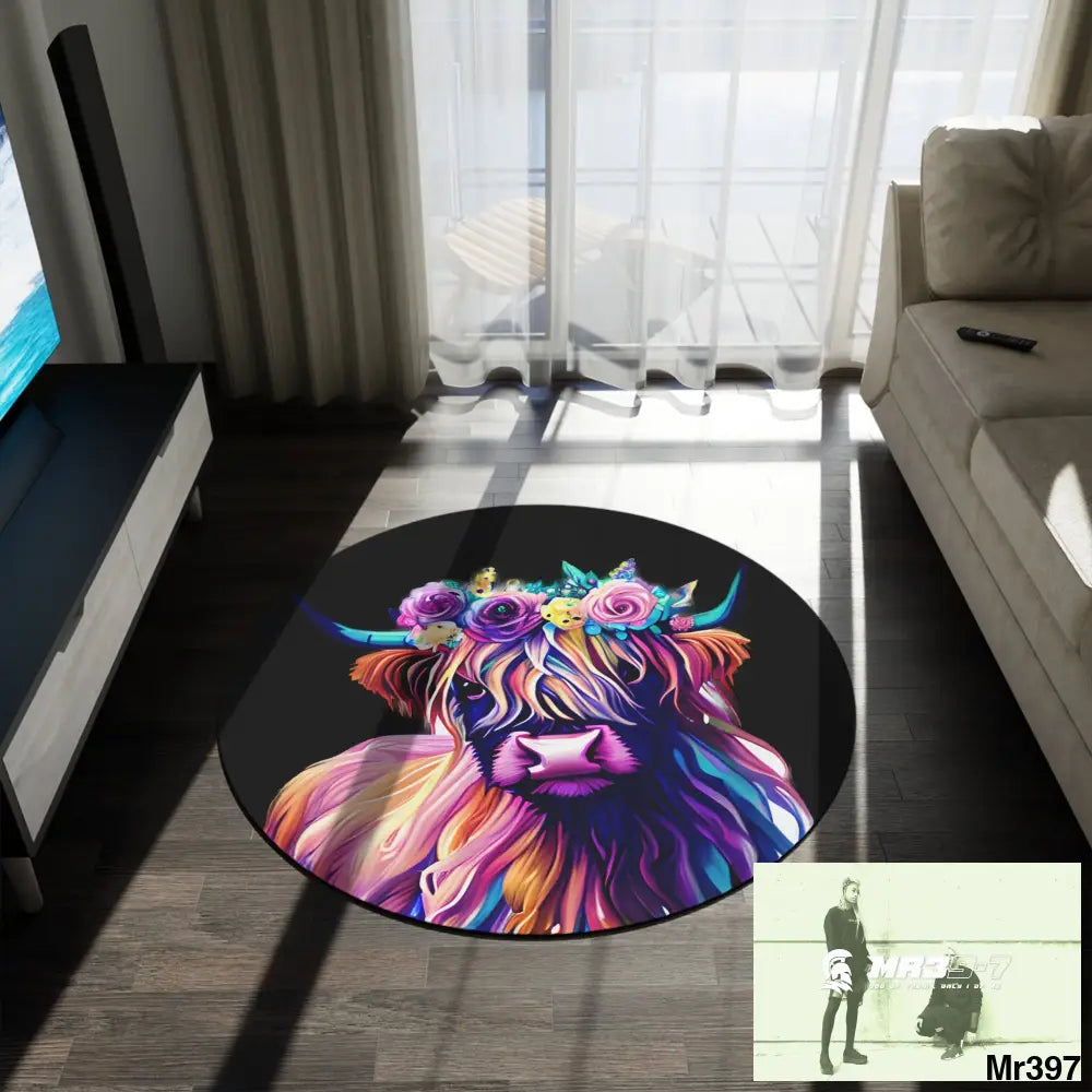 Baby Highland Cow Round Rug 60’’ × 60’’ Home Decor