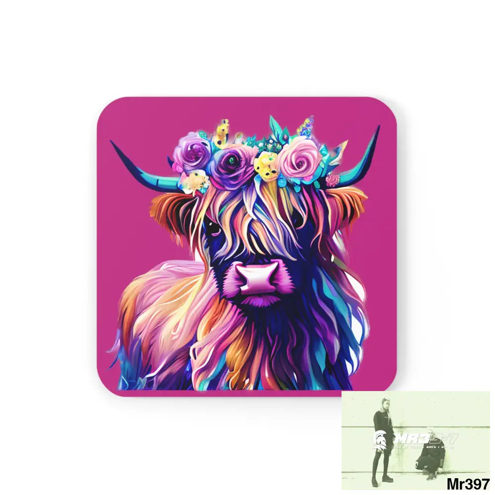 Baby Highland Cow with a Flower crown Corkwood Coaster Set Cork / 3.75’’ × 3.75’’ / Square Home Decor