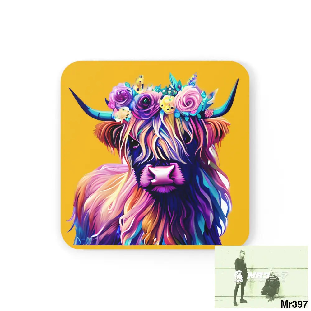 Baby Highland Cow with a Flower crown Corkwood Coaster Set Cork / 3.75’’ × 3.75’’ / Square Home Decor