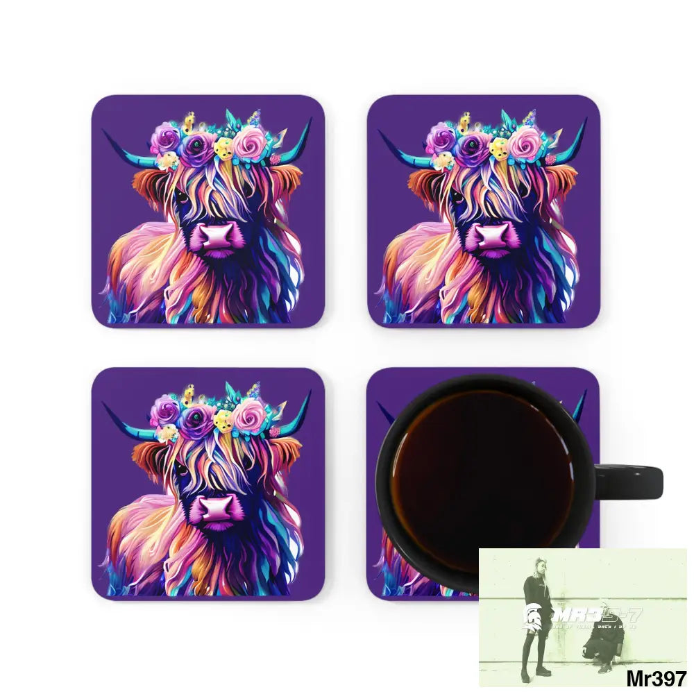 Baby Highland Cow with a Flower crown Corkwood Coaster Set Cork / 3.75’’ × 3.75’’ / Square Home Decor