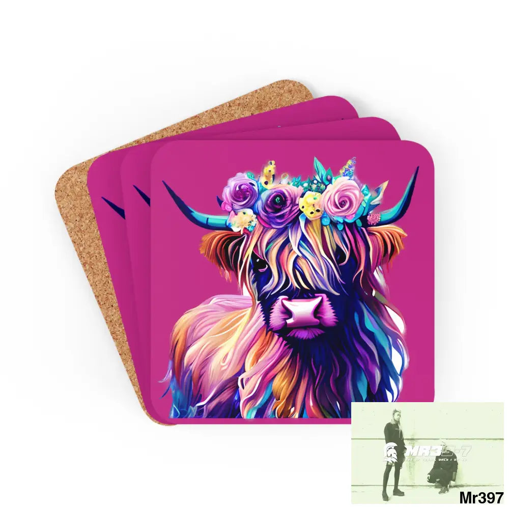 Baby Highland Cow with a Flower crown Corkwood Coaster Set Cork / 3.75’’ × 3.75’’ / Square Home Decor