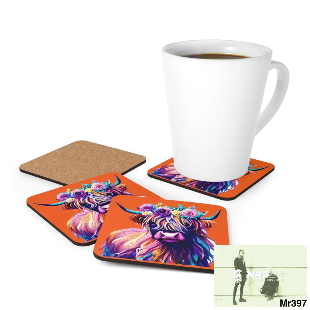 Baby Highland Cow with a Flower crown Corkwood Coaster Set Cork / 3.75’’ × 3.75’’ / Square Home Decor