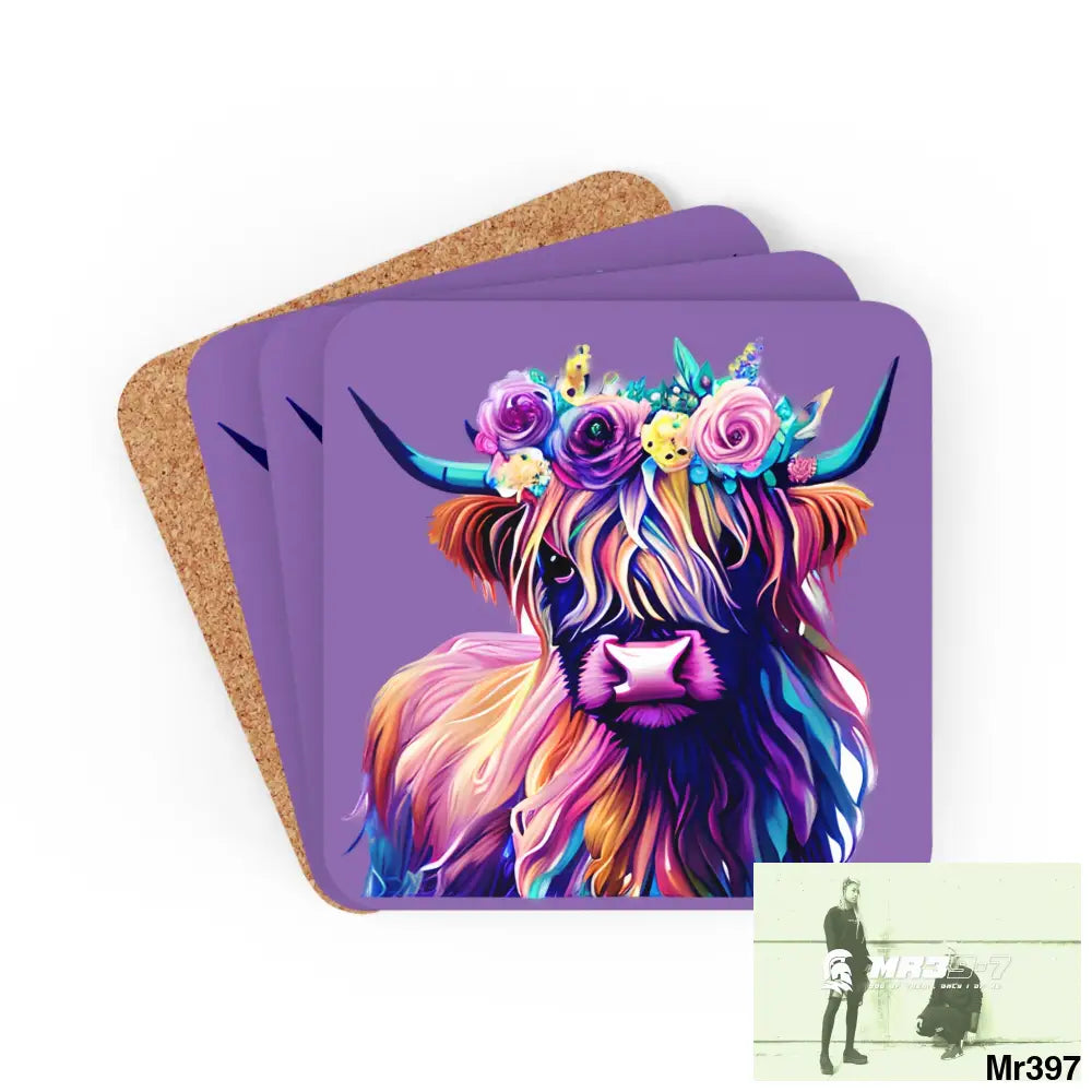 Baby Highland Cow with a Flower crown Corkwood Coaster Set Cork / 3.75’’ × 3.75’’ / Square Home Decor