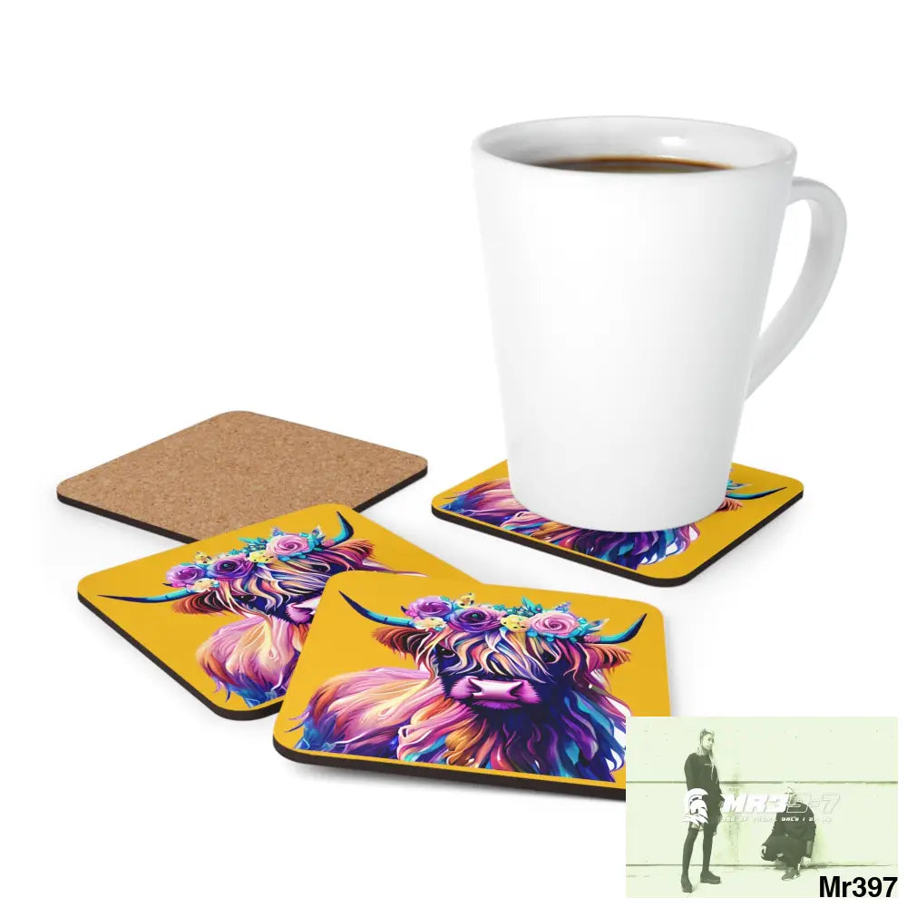 Baby Highland Cow with a Flower crown Corkwood Coaster Set Cork / 3.75’’ × 3.75’’ / Square Home Decor