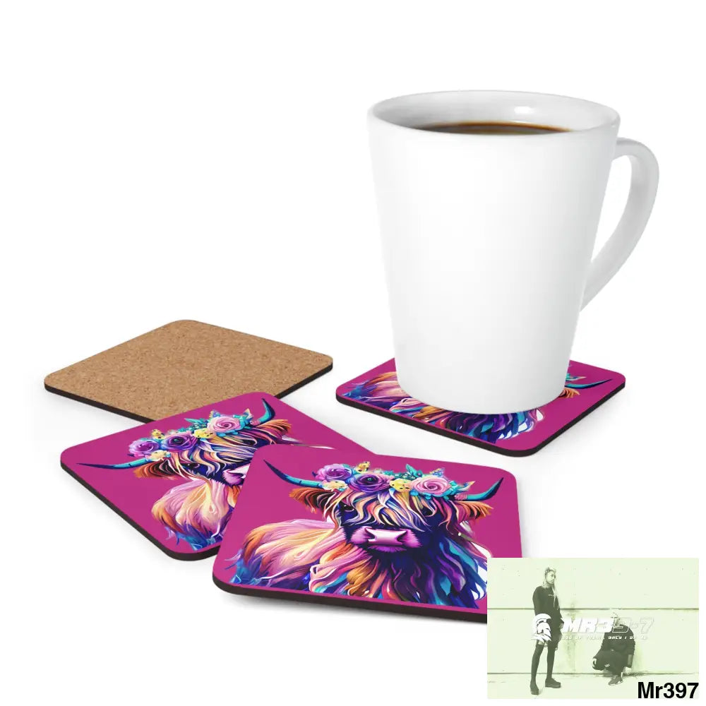 Baby Highland Cow with a Flower crown Corkwood Coaster Set Cork / 3.75’’ × 3.75’’ / Square Home Decor