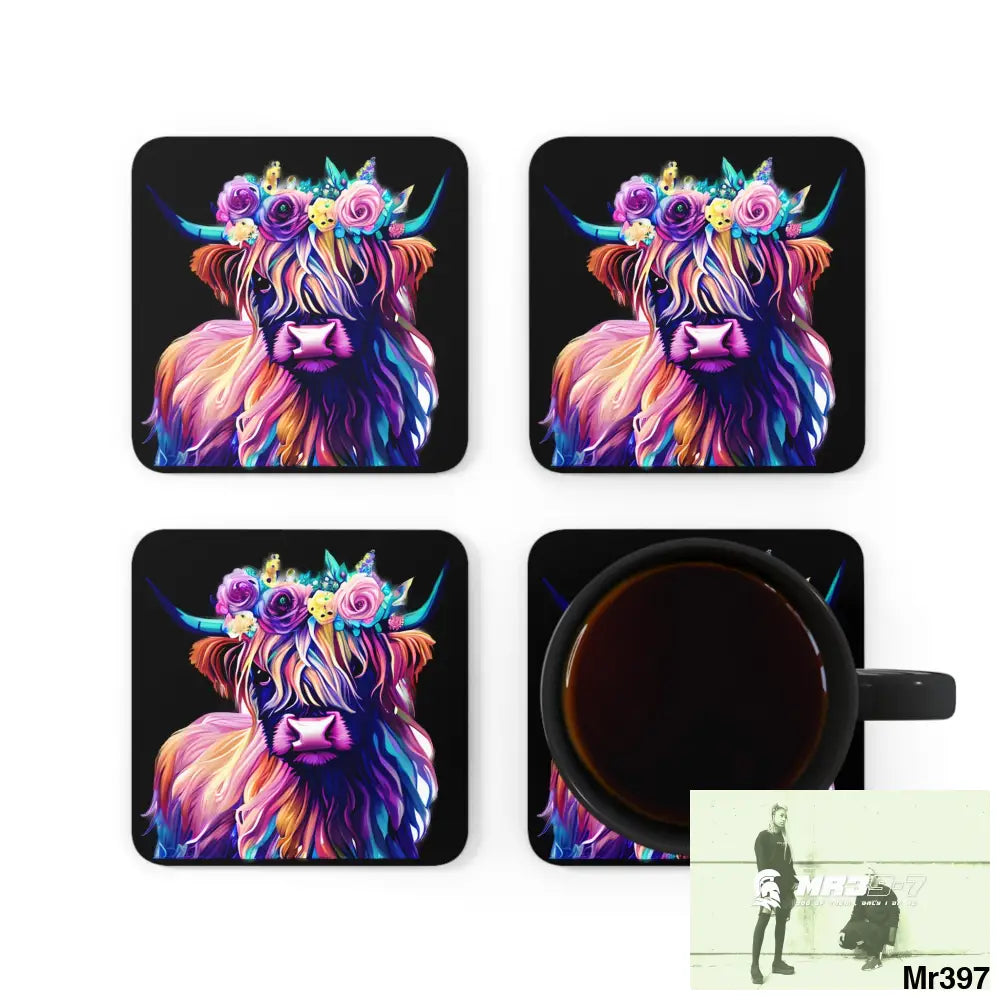 Baby Highland Cow with a Flower crown Corkwood Coaster Set Cork / 3.75’’ × 3.75’’ / Square Home Decor