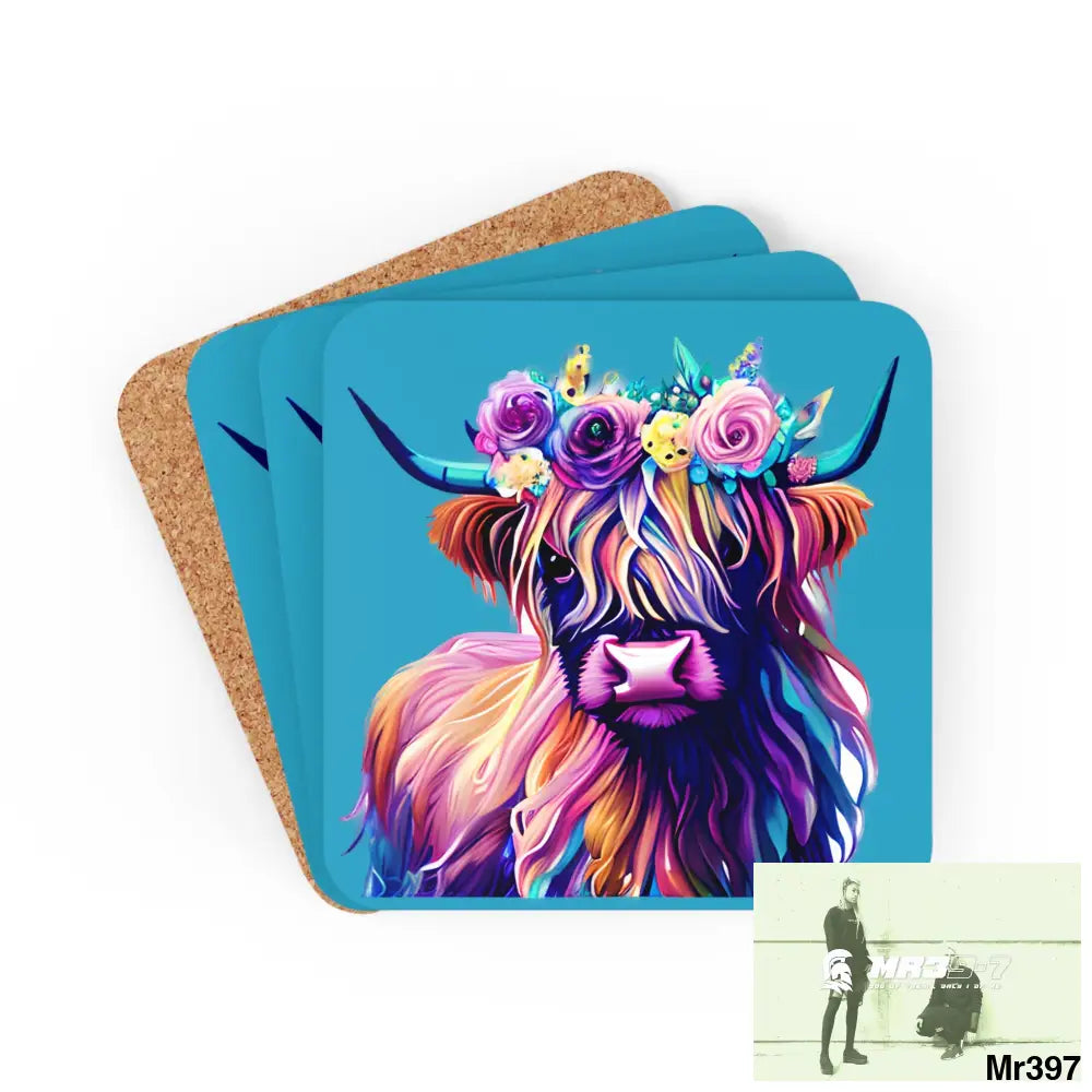 Baby Highland Cow with a Flower crown Corkwood Coaster Set Cork / 3.75’’ × 3.75’’ / Square Home Decor