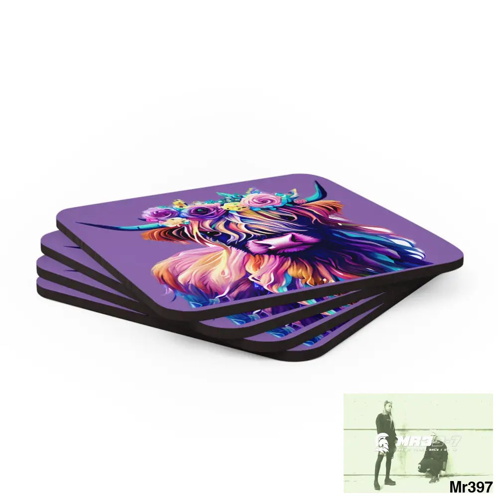 Baby Highland Cow with a Flower crown Corkwood Coaster Set Cork / 3.75’’ × 3.75’’ / Square Home Decor