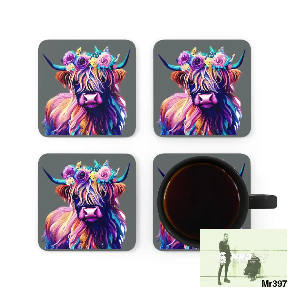 Baby Highland Cow with a Flower crown Corkwood Coaster Set Cork / 3.75’’ × 3.75’’ / Square Home Decor