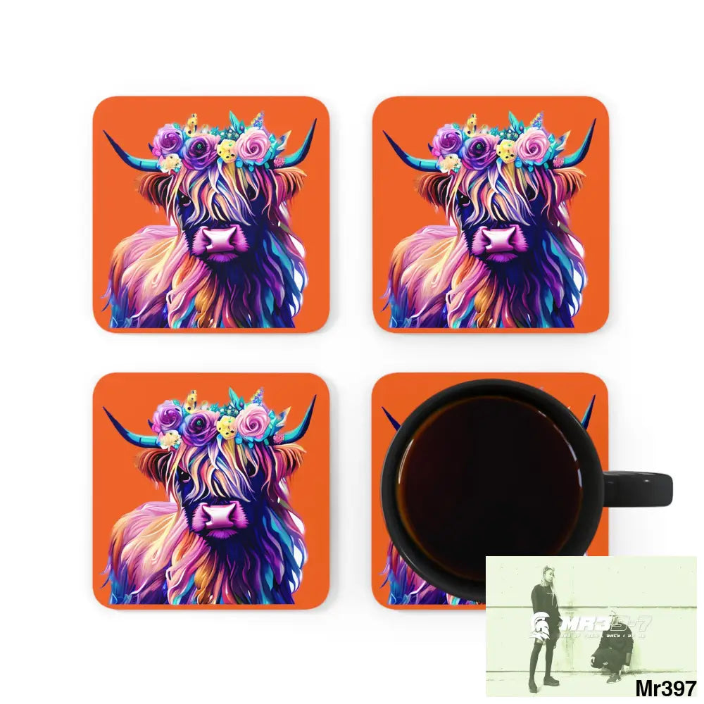Baby Highland Cow with a Flower crown Corkwood Coaster Set Cork / 3.75’’ × 3.75’’ / Square Home Decor