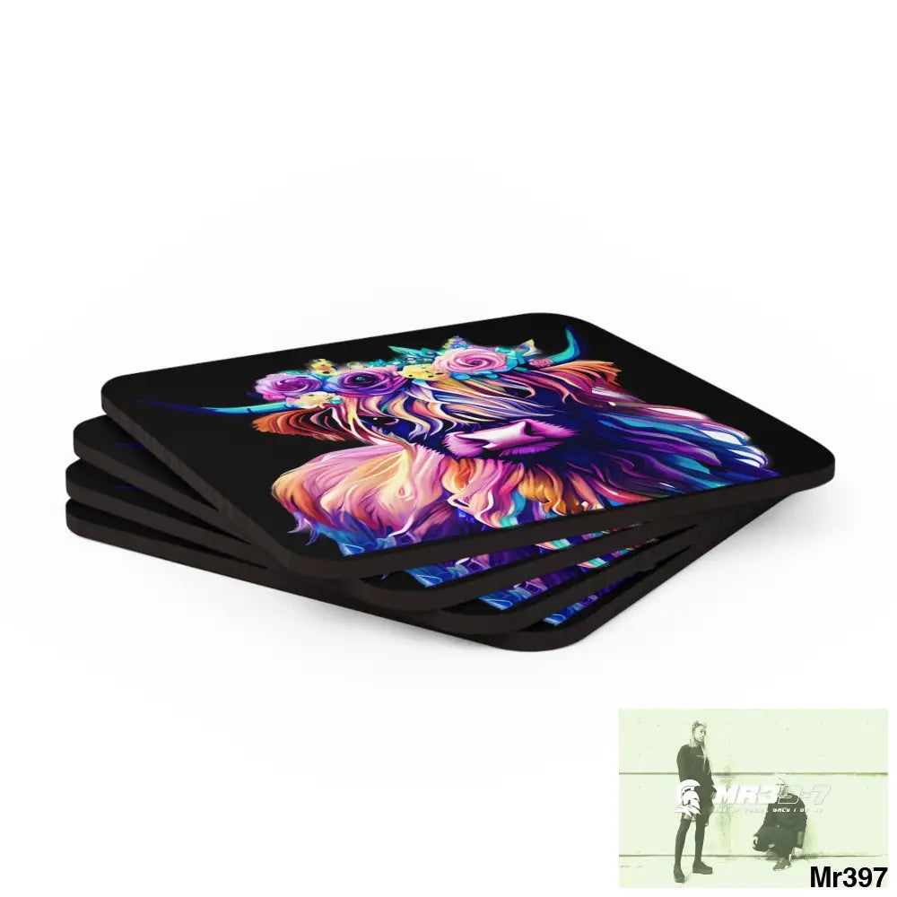 Baby Highland Cow with a Flower crown Corkwood Coaster Set Cork / 3.75’’ × 3.75’’ / Square Home Decor