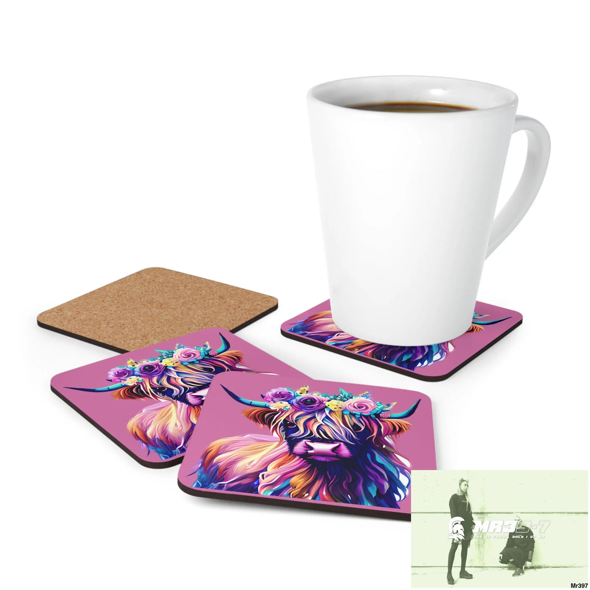 Baby Highland Cow with a Flower crown Corkwood Coaster Set Cork / 3.75’’ × 3.75’’ / Square Home Decor