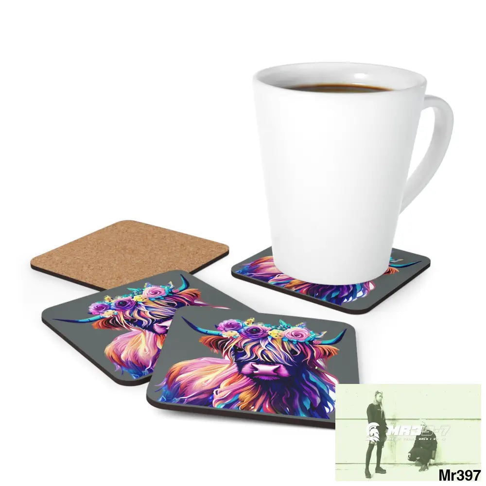 Baby Highland Cow with a Flower crown Corkwood Coaster Set Cork / 3.75’’ × 3.75’’ / Square Home Decor