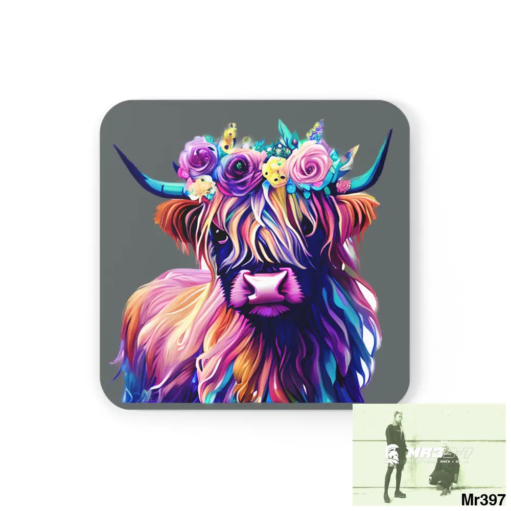 Baby Highland Cow with a Flower crown Corkwood Coaster Set Cork / 3.75’’ × 3.75’’ / Square Home Decor