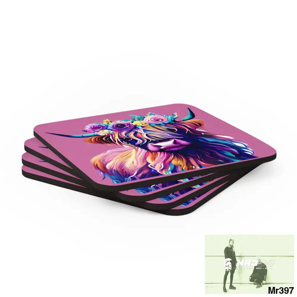 Baby Highland Cow with a Flower crown Corkwood Coaster Set Cork / 3.75’’ × 3.75’’ / Square Home Decor