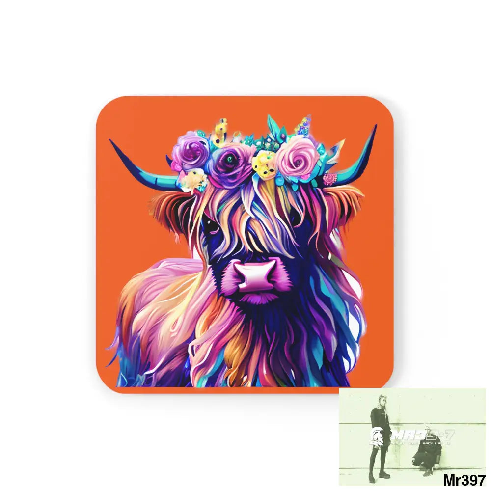 Baby Highland Cow with a Flower crown Corkwood Coaster Set Cork / 3.75’’ × 3.75’’ / Square Home Decor