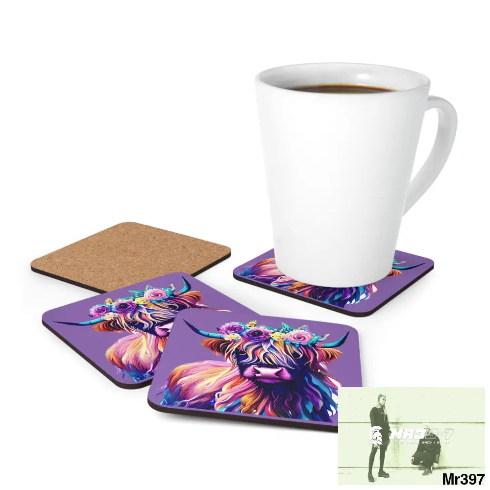 Baby Highland Cow with a Flower crown Corkwood Coaster Set Cork / 3.75’’ × 3.75’’ / Square Home Decor