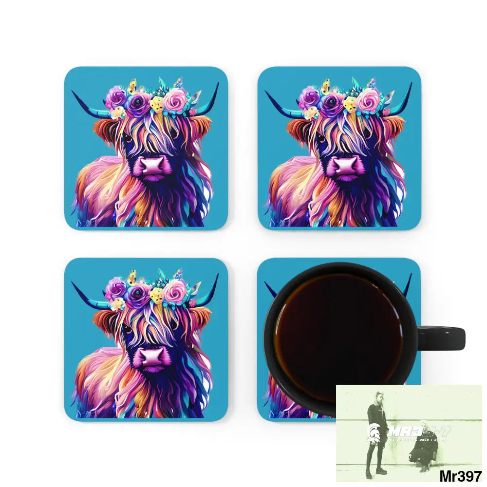Baby Highland Cow with a Flower crown Corkwood Coaster Set Cork / 3.75’’ × 3.75’’ / Square Home Decor
