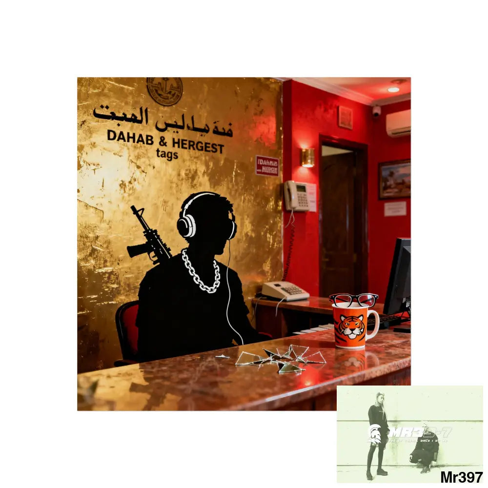 Banksy Style Dahab Gold Reception Desk (RATM / Jungle Moment) No 1 Fine Art Posters 16″ x 16″ / Matte Poster