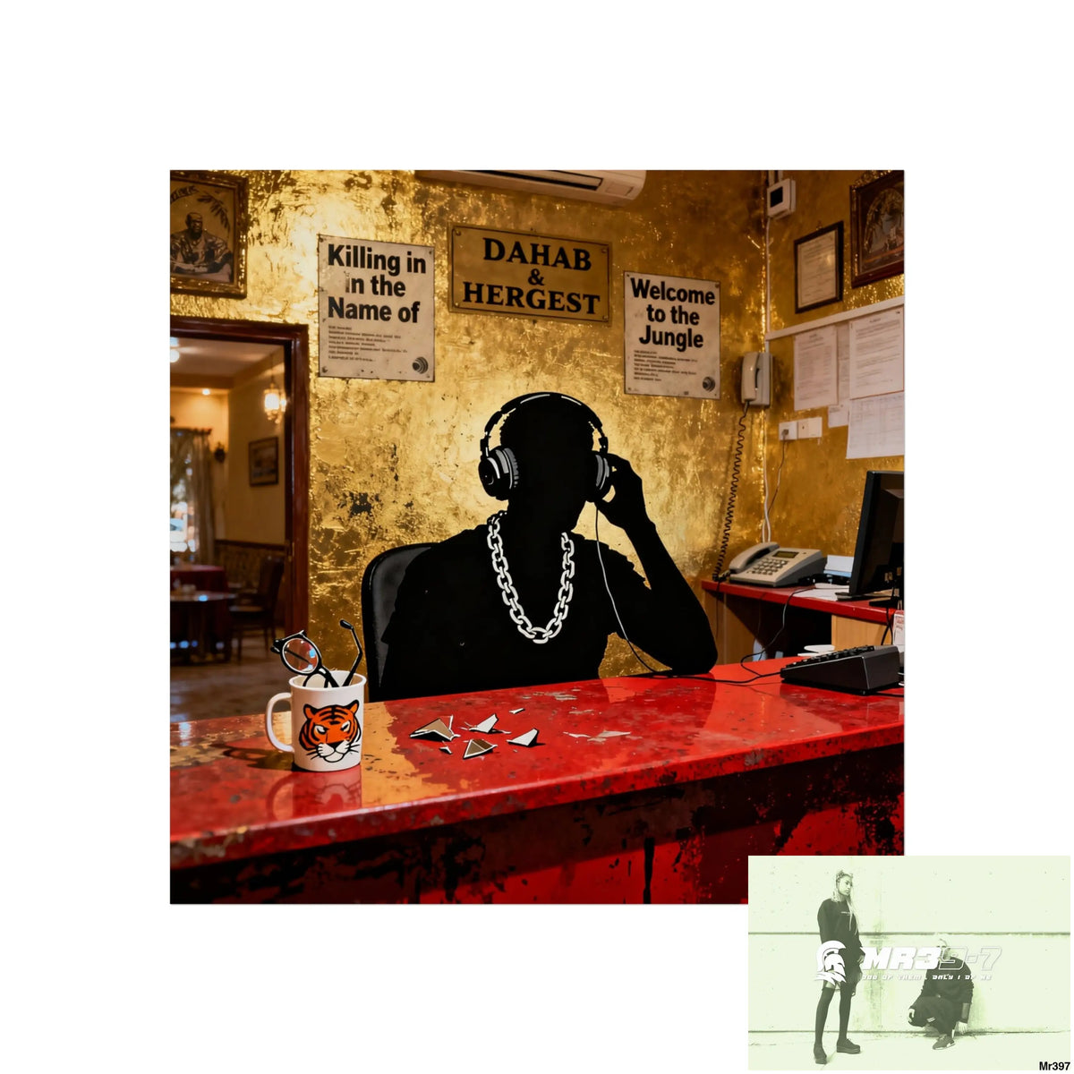 Banksy Style Dahab Gold Reception Desk (RATM / Jungle Moment) No 2 Fine Art Posters 16″ x 16″ / Matte Poster