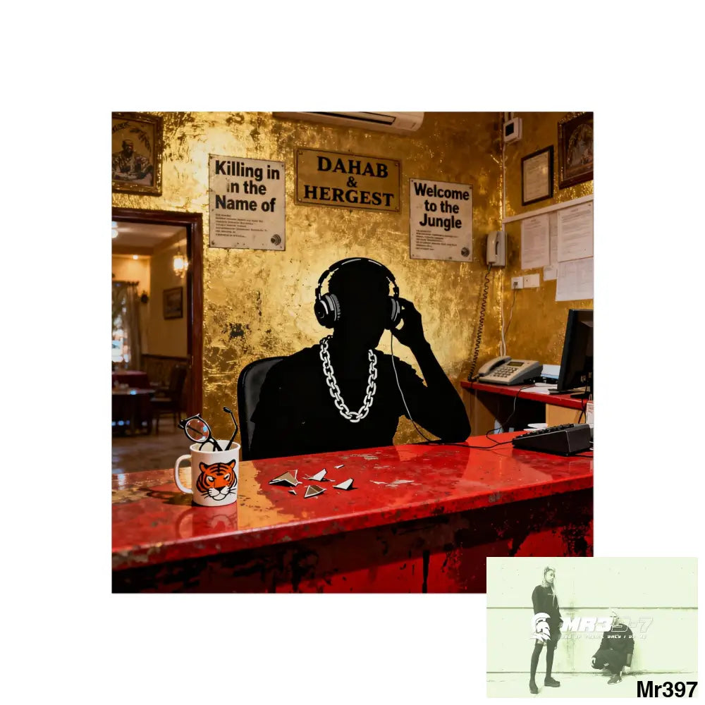Banksy Style Dahab Gold Reception Desk (RATM / Jungle Moment) No 2 Fine Art Posters 24″ x 24″ / Matte Poster