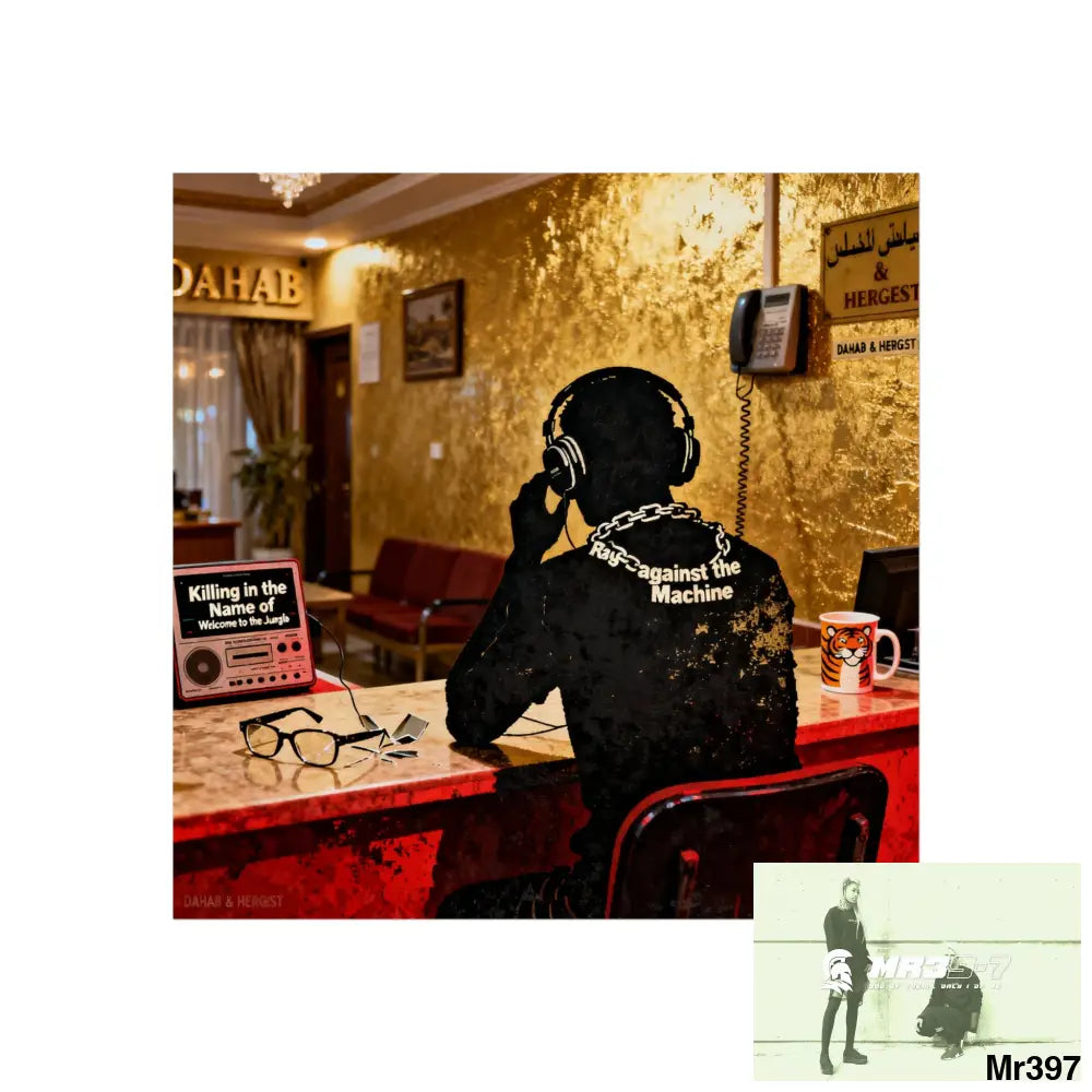 Banksy Style Dahab Gold Reception Desk (RATM / Jungle Moment) No 3 Fine Art Posters 24″ x 24″ / Matte Poster