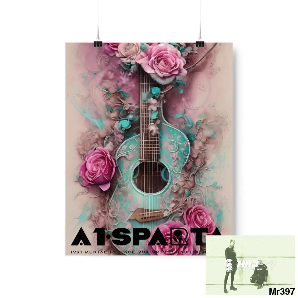 Black A1.Sparta with pink roses and guitar Matte Vertical Posters 11″ x 14″ / Matte Poster