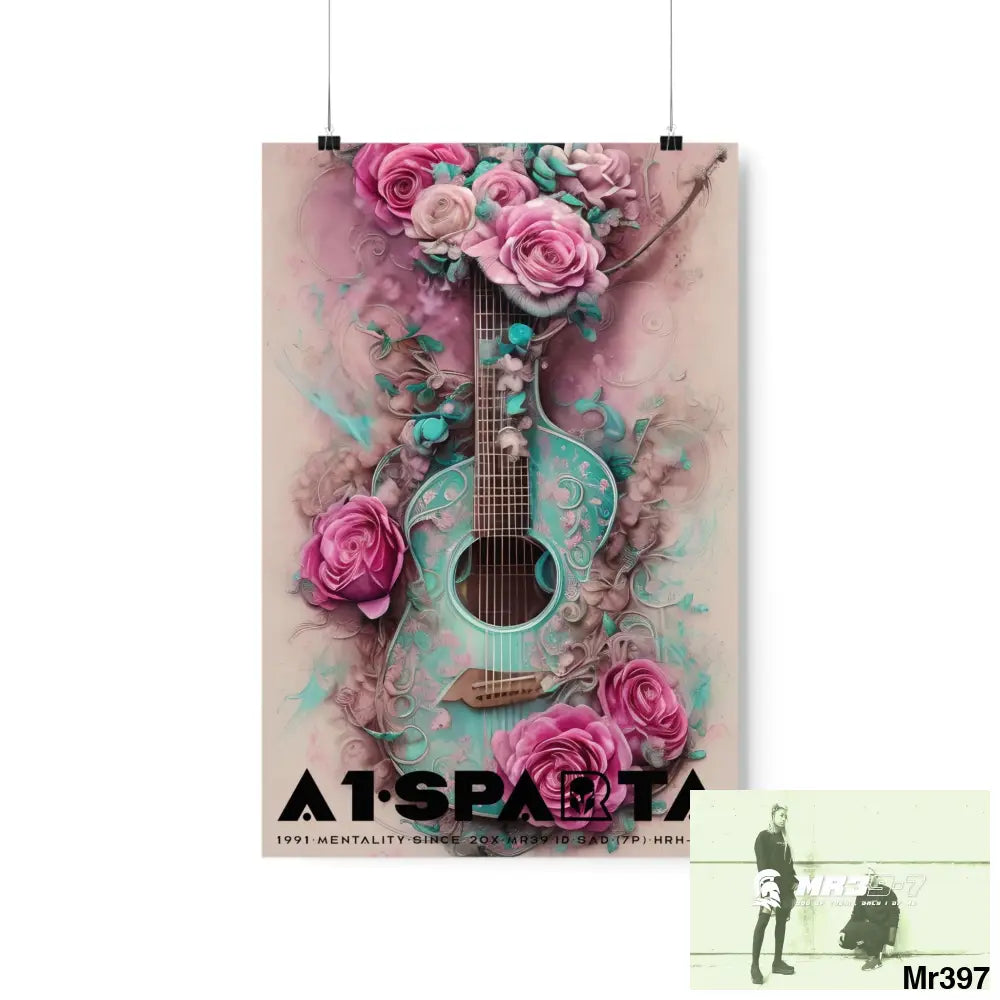Black A1.Sparta with pink roses and guitar Matte Vertical Posters 12″ x 18″ / Matte Poster