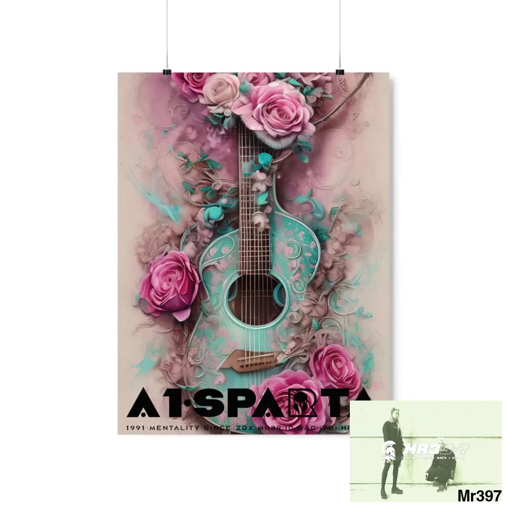 Black A1.Sparta with pink roses and guitar Matte Vertical Posters 18″ x 24″ / Matte Poster