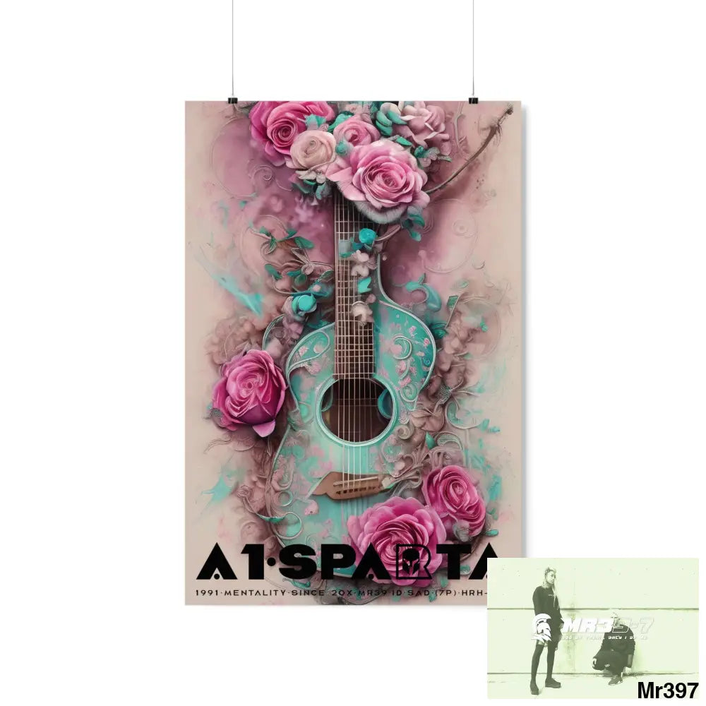 Black A1.Sparta with pink roses and guitar Matte Vertical Posters 20″ x 30″ / Matte Poster