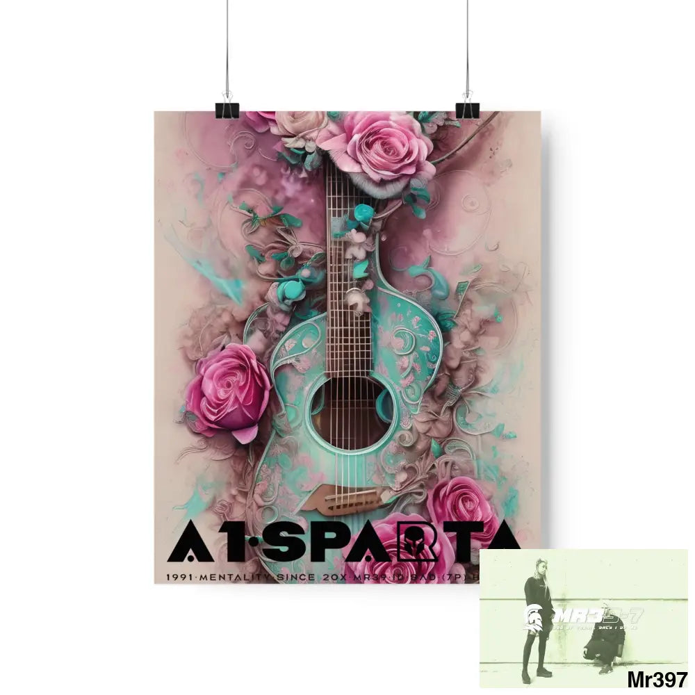 Black A1.Sparta with pink roses and guitar Matte Vertical Posters 9’’ x 11’’ / Matte Poster