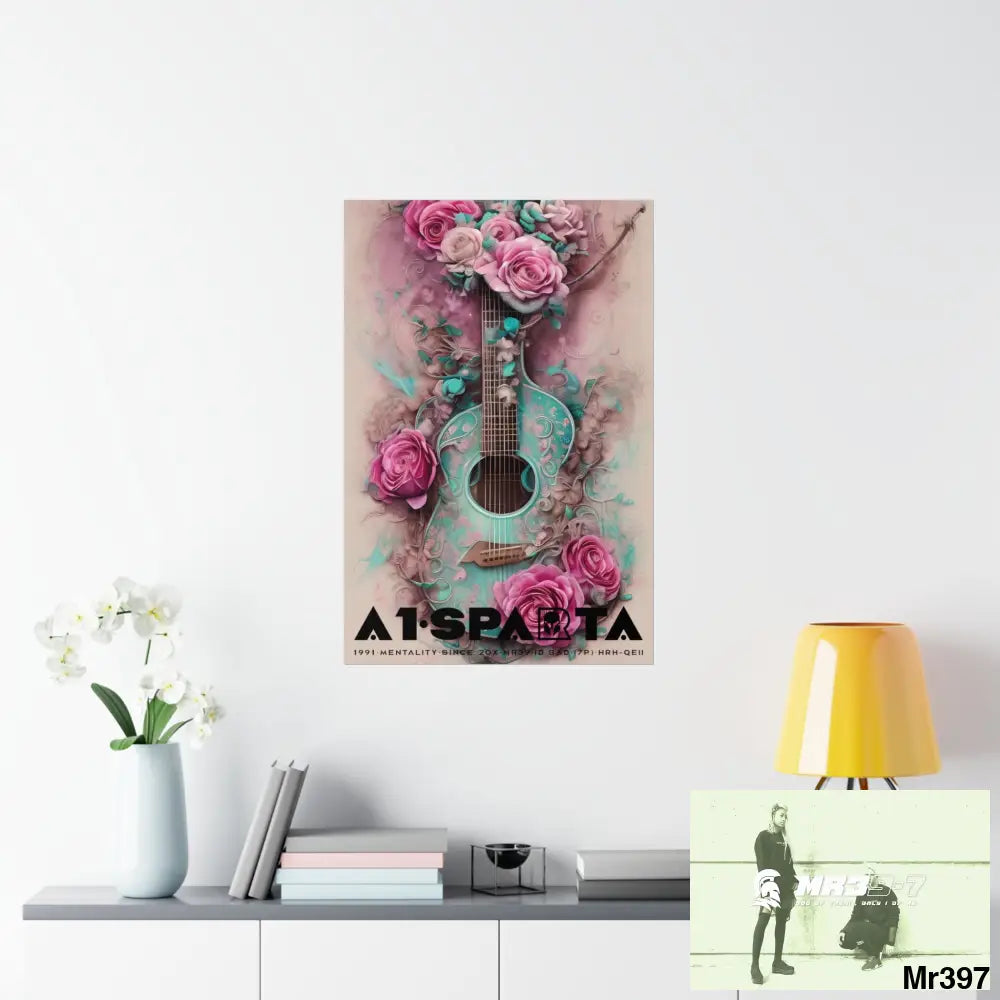 Black A1.Sparta with pink roses and guitar Matte Vertical Posters Poster