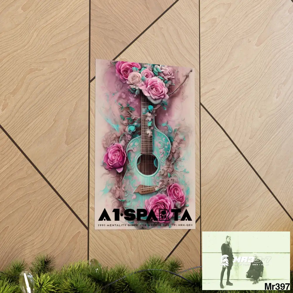 Black A1.Sparta with pink roses and guitar Matte Vertical Posters Poster