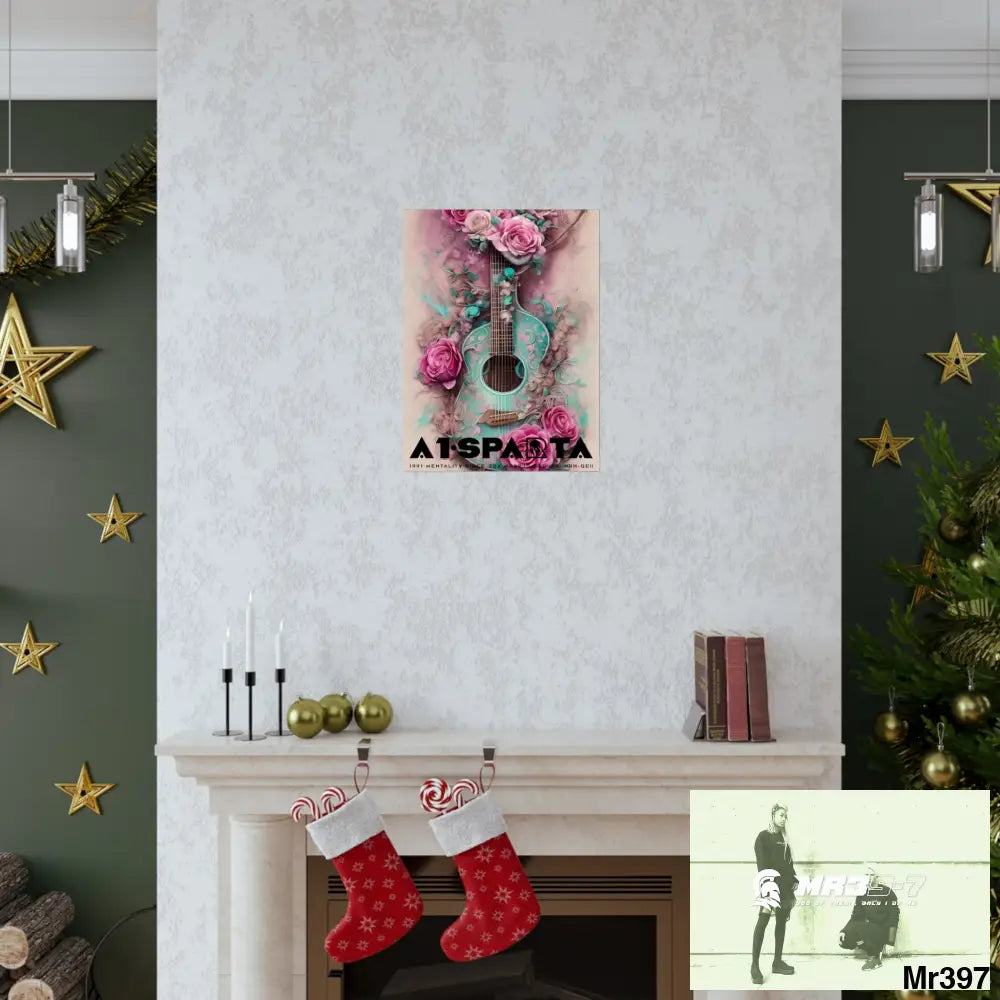 Black A1.Sparta with pink roses and guitar Matte Vertical Posters Poster
