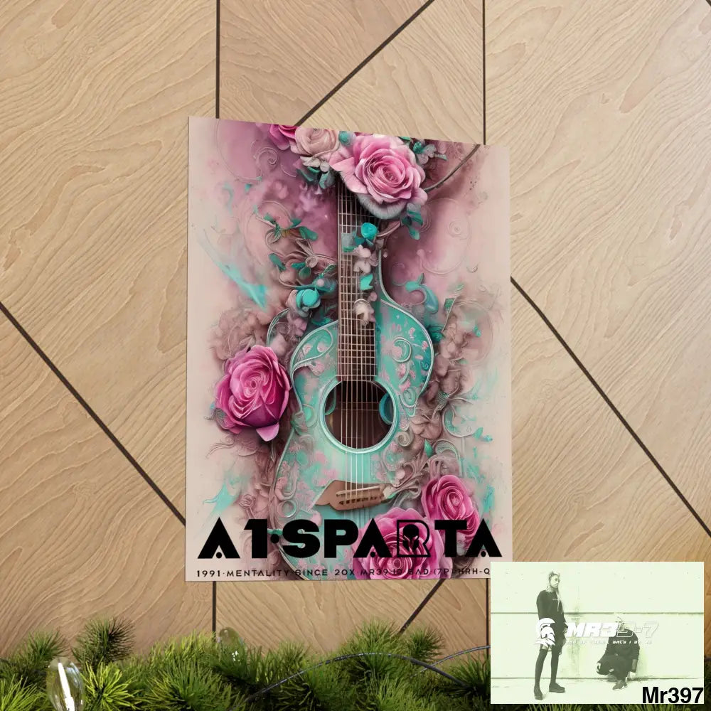 Black A1.Sparta with pink roses and guitar Matte Vertical Posters Poster