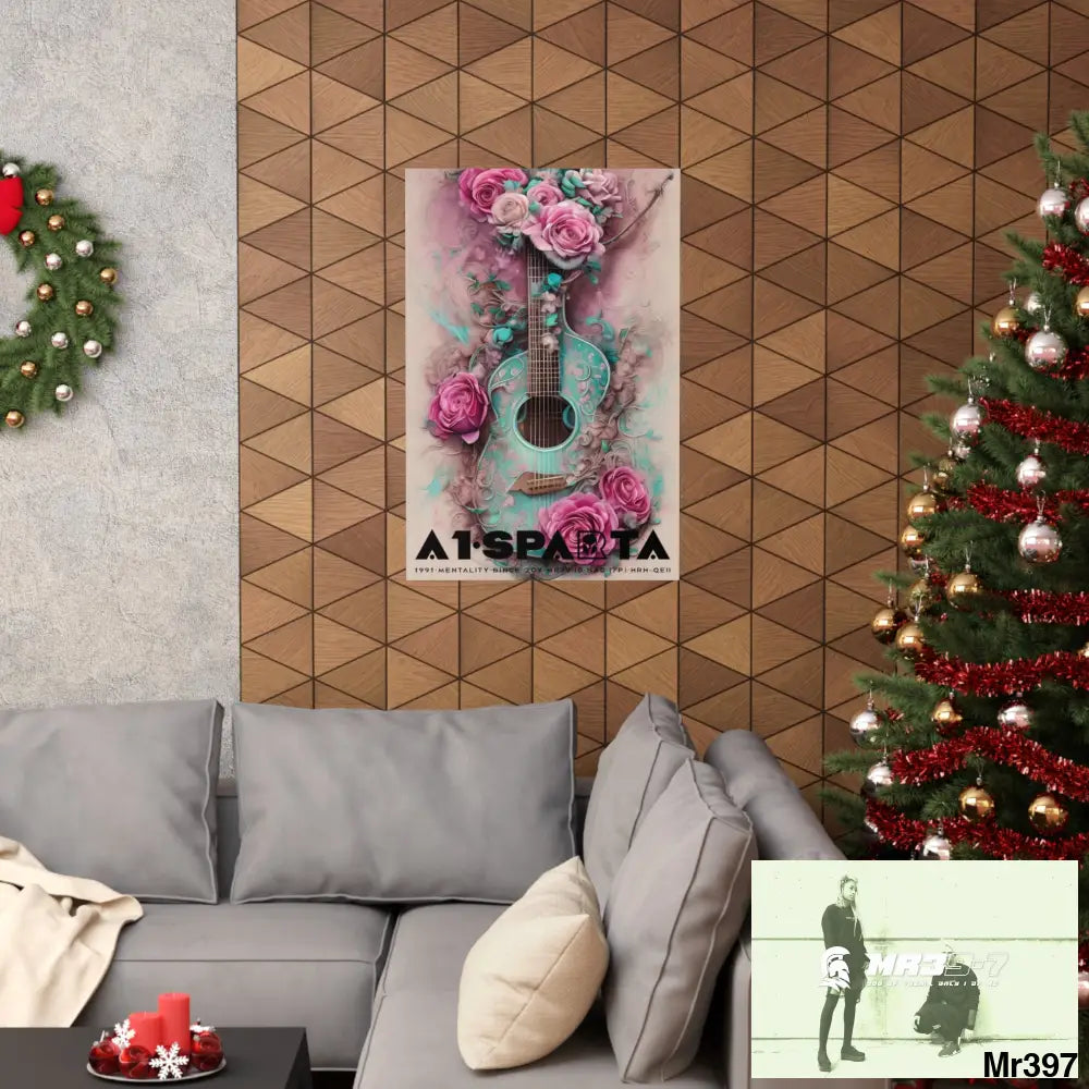 Black A1.Sparta with pink roses and guitar Matte Vertical Posters Poster