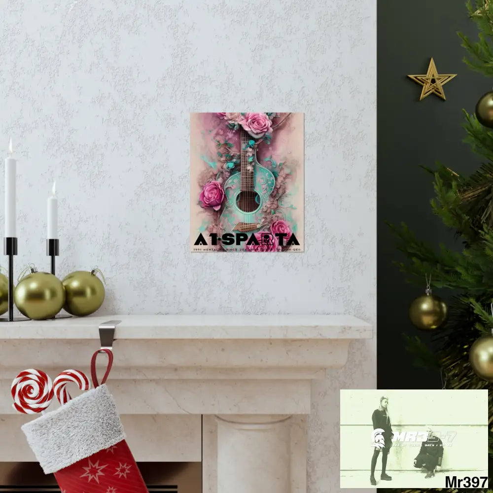 Black A1.Sparta with pink roses and guitar Matte Vertical Posters Poster