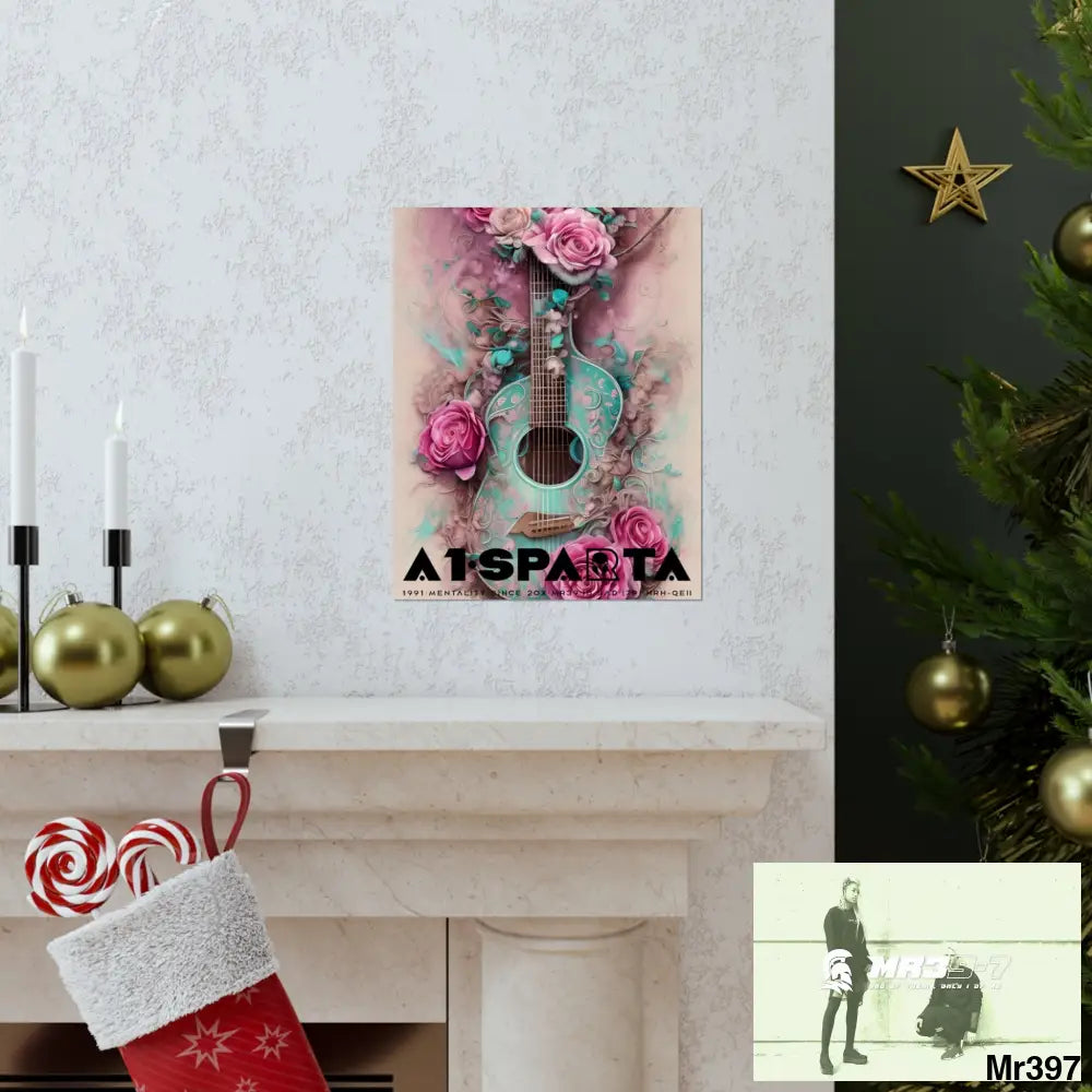 Black A1.Sparta with pink roses and guitar Matte Vertical Posters Poster