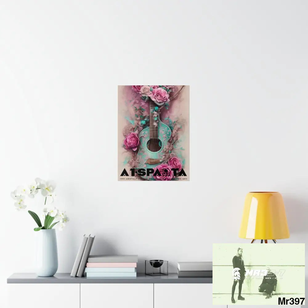Black A1.Sparta with pink roses and guitar Matte Vertical Posters Poster