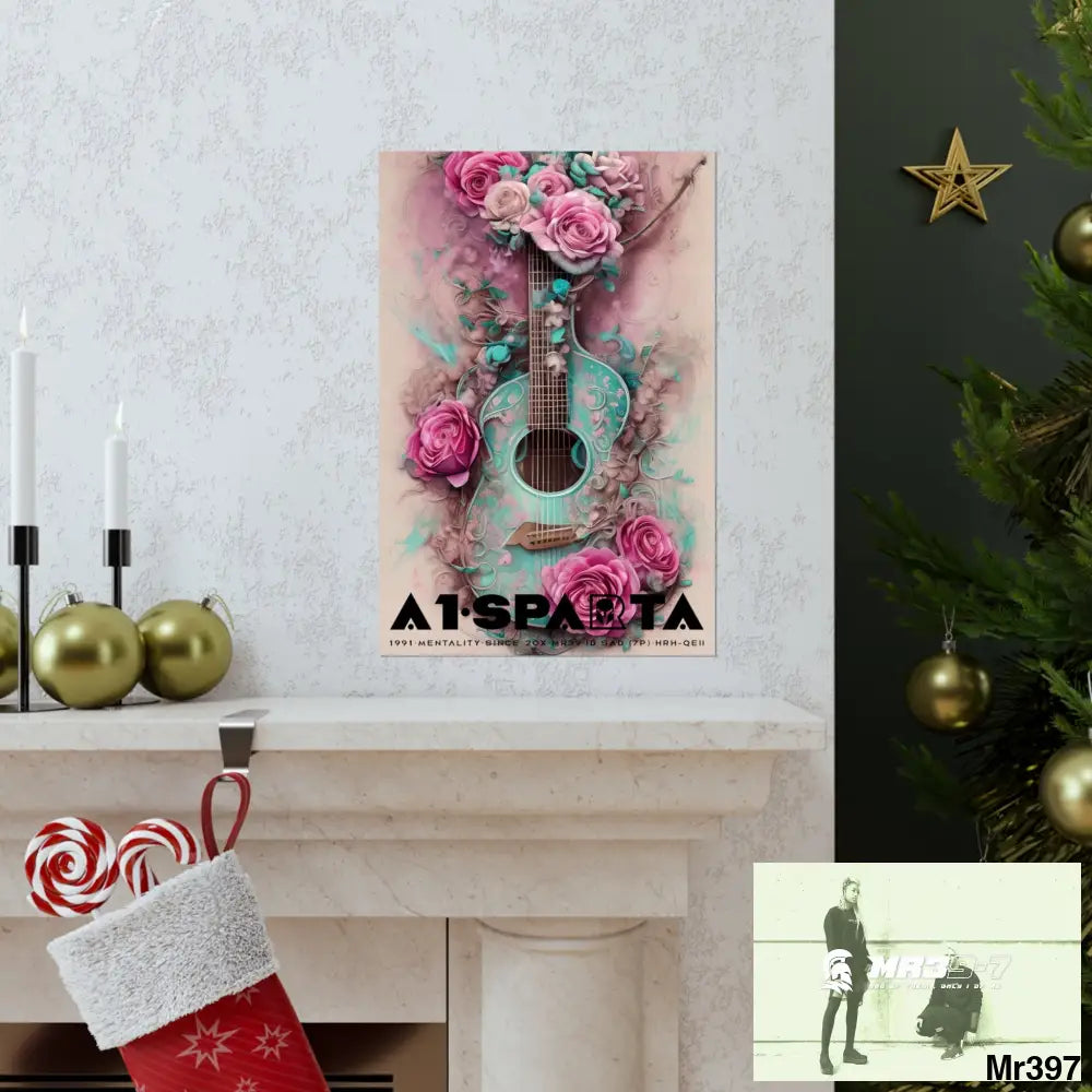 Black A1.Sparta with pink roses and guitar Matte Vertical Posters Poster
