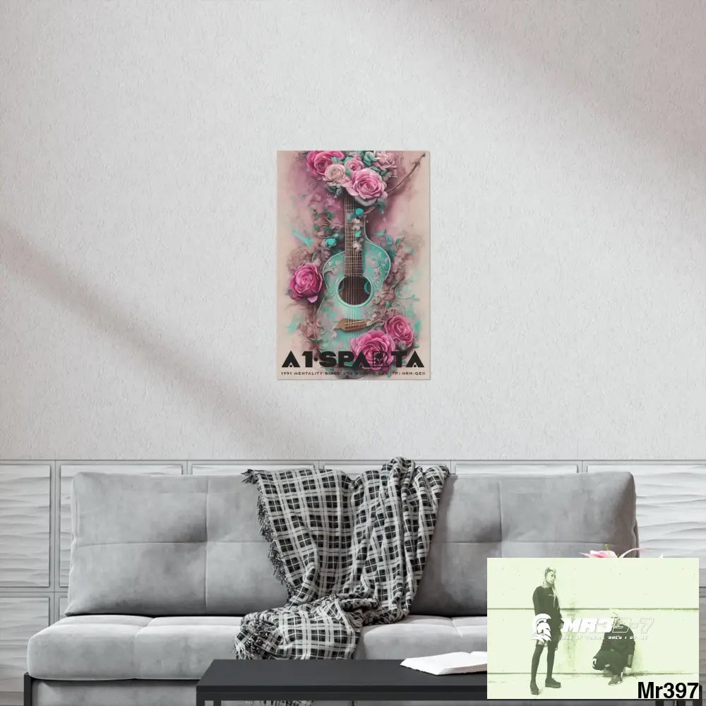 Black A1.Sparta with pink roses and guitar Matte Vertical Posters Poster