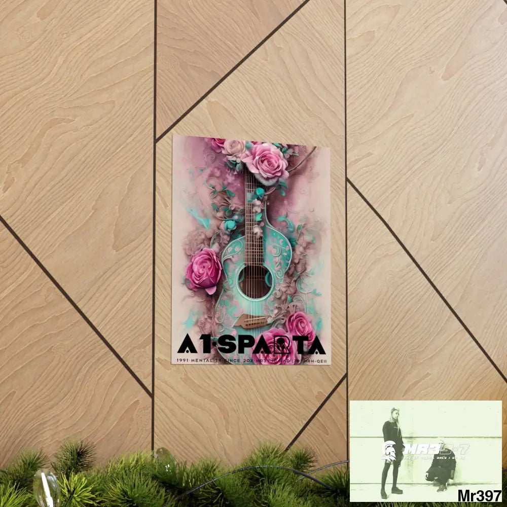Black A1.Sparta with pink roses and guitar Matte Vertical Posters Poster