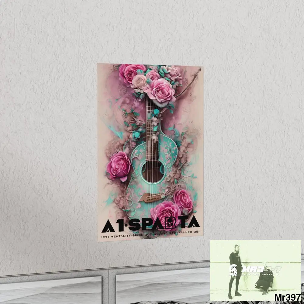 Black A1.Sparta with pink roses and guitar Matte Vertical Posters Poster
