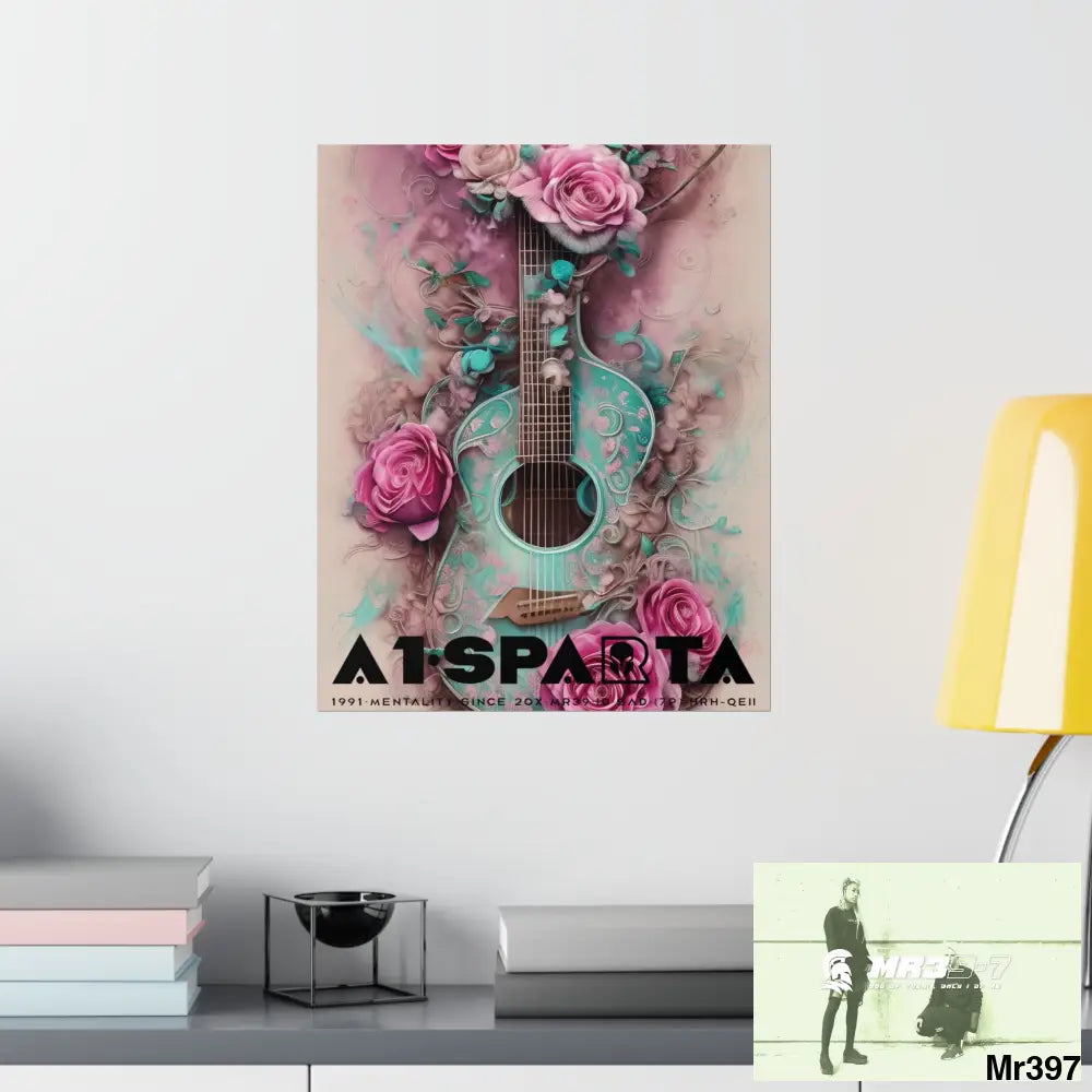 Black A1.Sparta with pink roses and guitar Matte Vertical Posters Poster