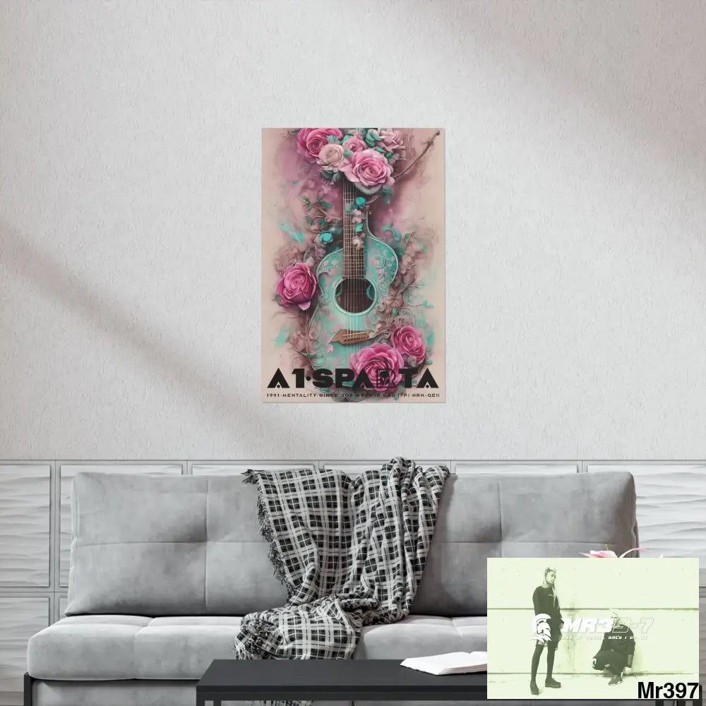 Black A1.Sparta with pink roses and guitar Matte Vertical Posters Poster