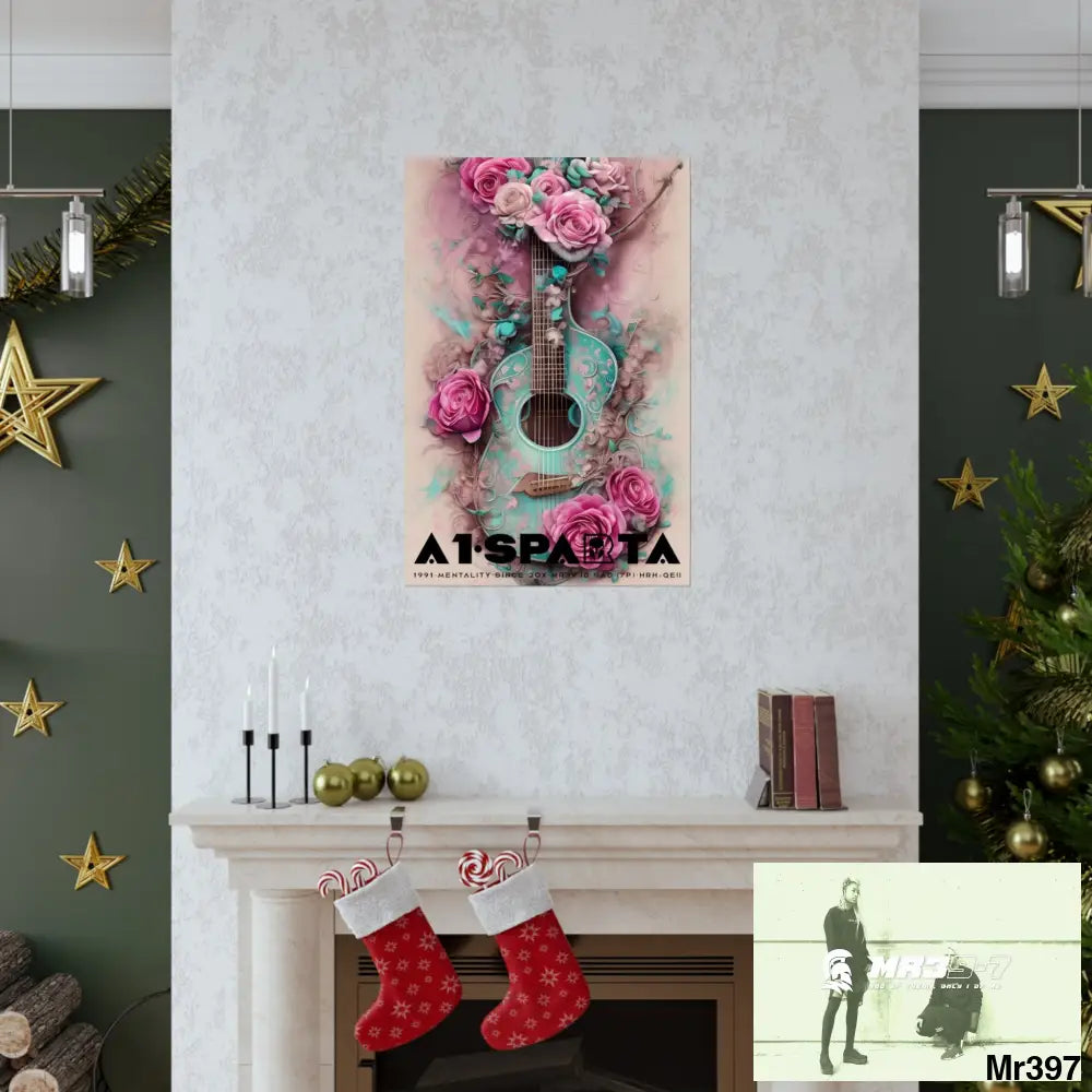 Black A1.Sparta with pink roses and guitar Matte Vertical Posters Poster