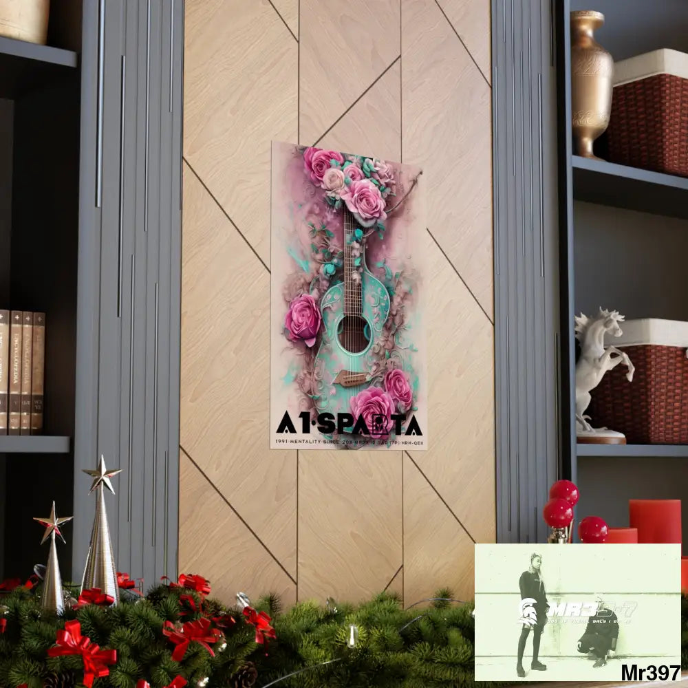 Black A1.Sparta with pink roses and guitar Matte Vertical Posters Poster